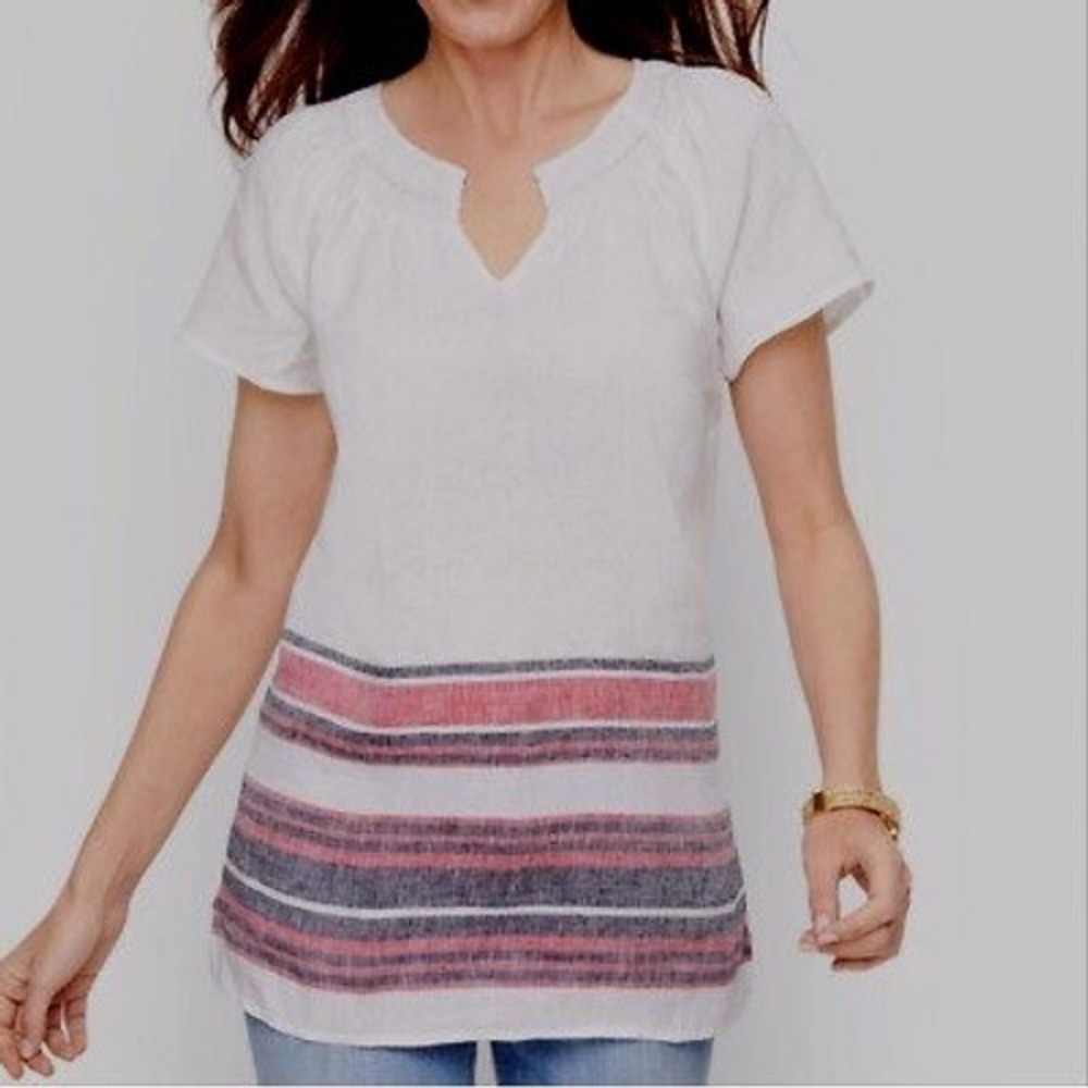 Talbots Medium Linen Smocked‎ Neck Striped Hem Blouse Top Relaxed Fit